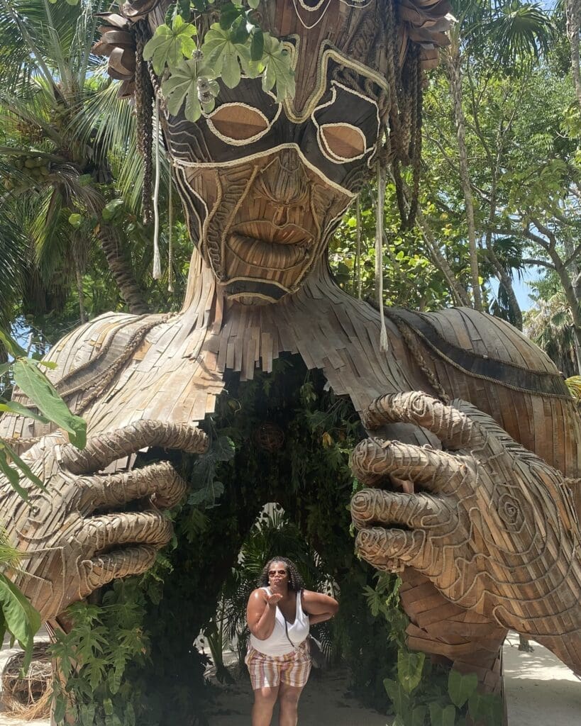 giant sculpture of ven a la cuz in Tulum Mexico itinerary 